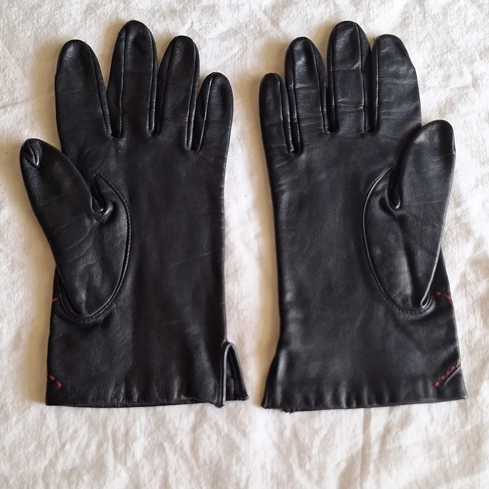 Black Leather Women's Gloves with Red Accent Vintage